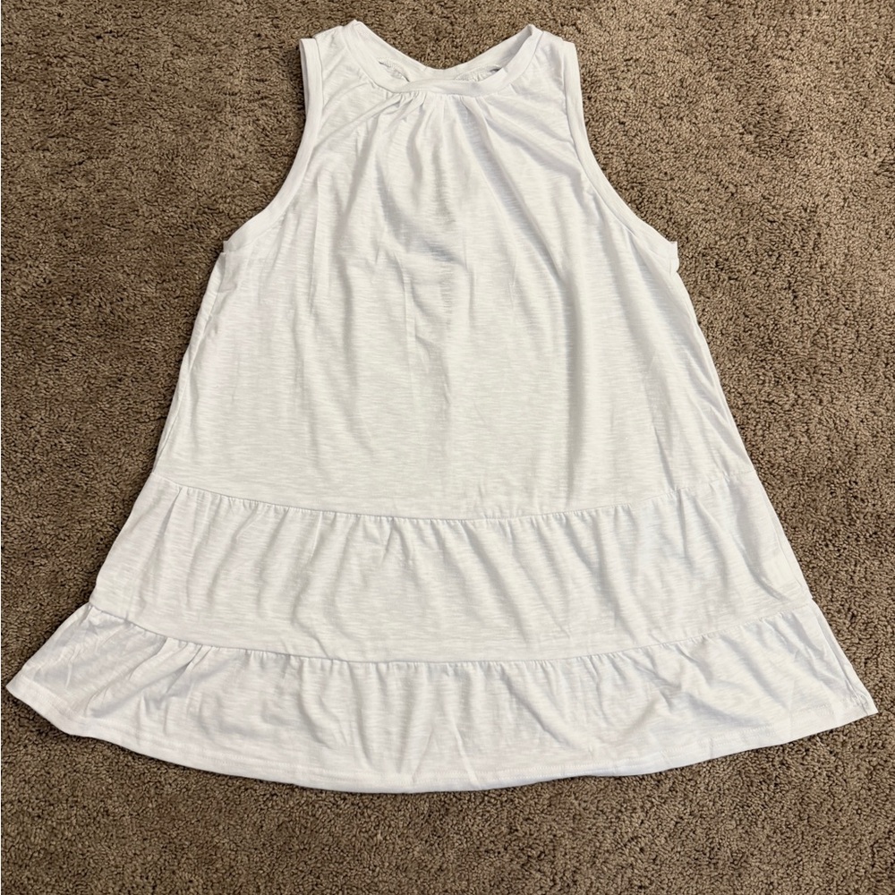 Sleeveless Tshirt Tunic Women size Small White Tank Ruffle Tiered Aline Top